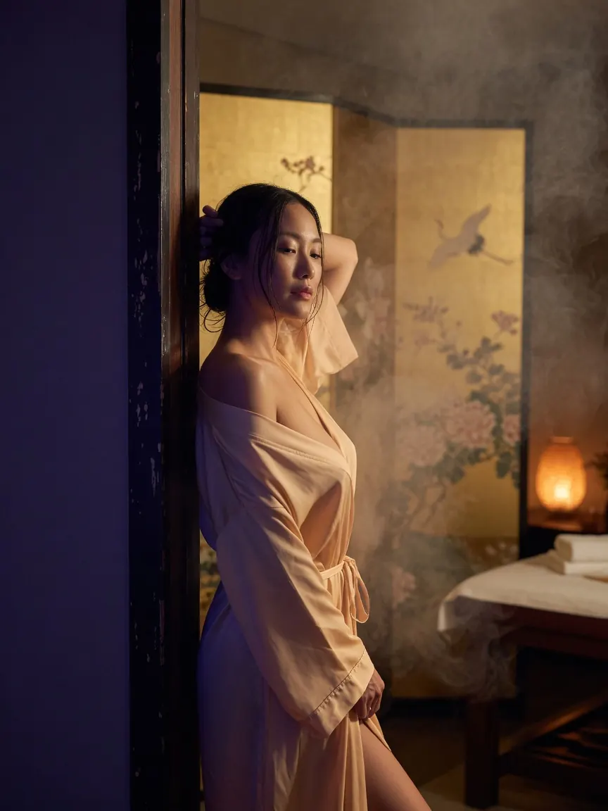Steam, shadow and a gold screen in a room used for body to body massage Singapore