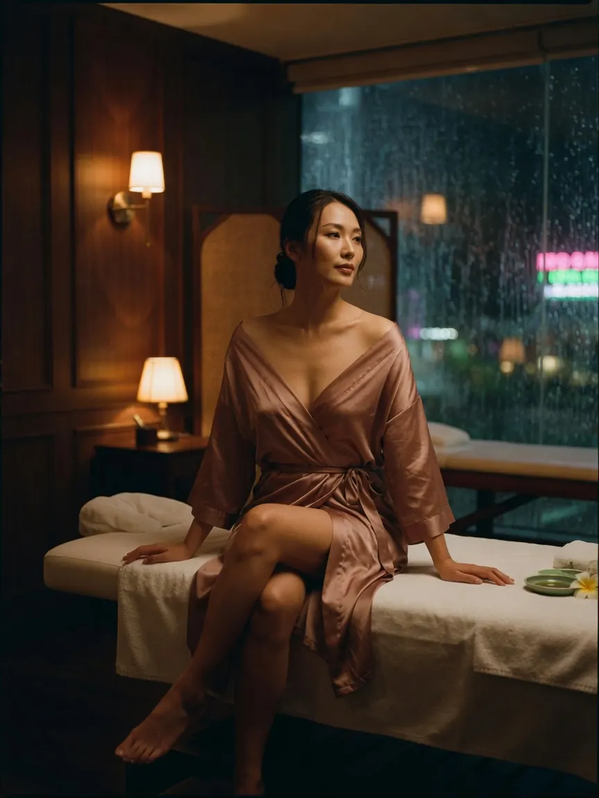 Silk robe and low lamplight in a studio offering book erotic massage Singapore WhatsApp