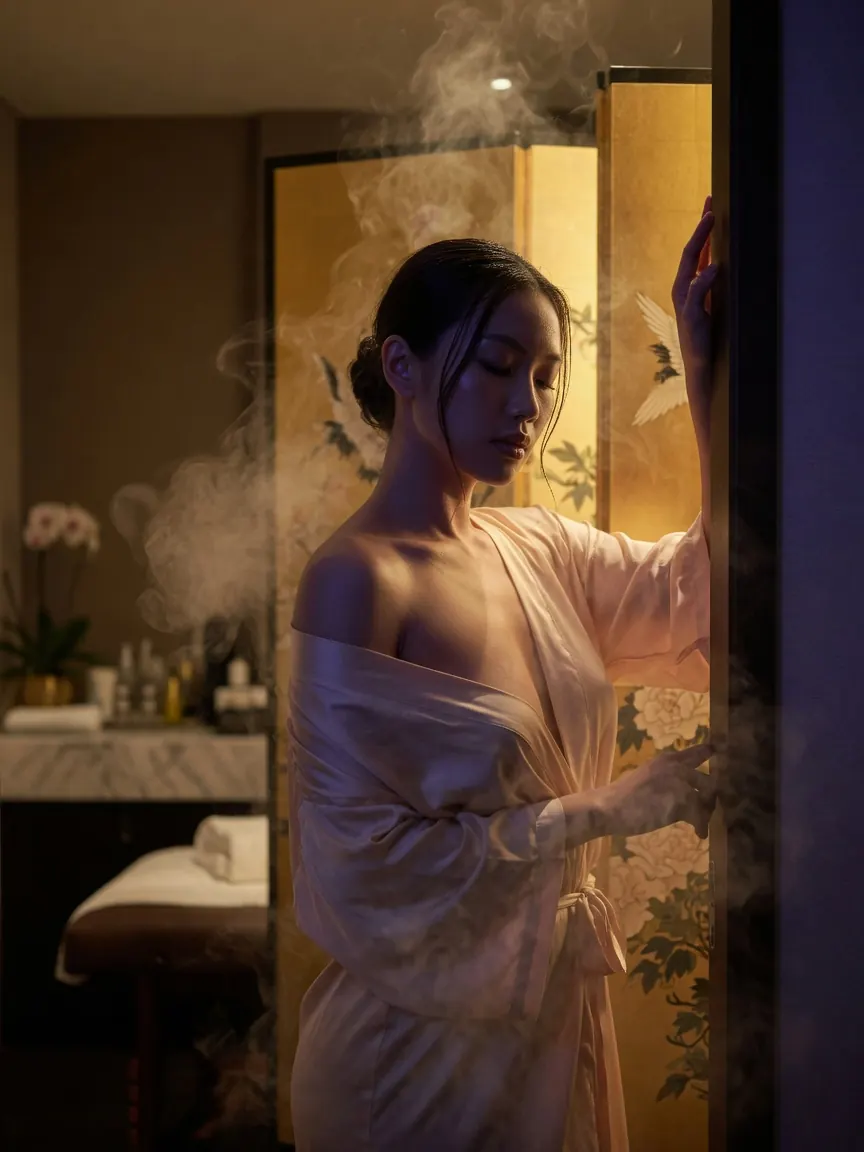 Steam, shadow and a gold screen in a room used for erotic massage prices Singapore