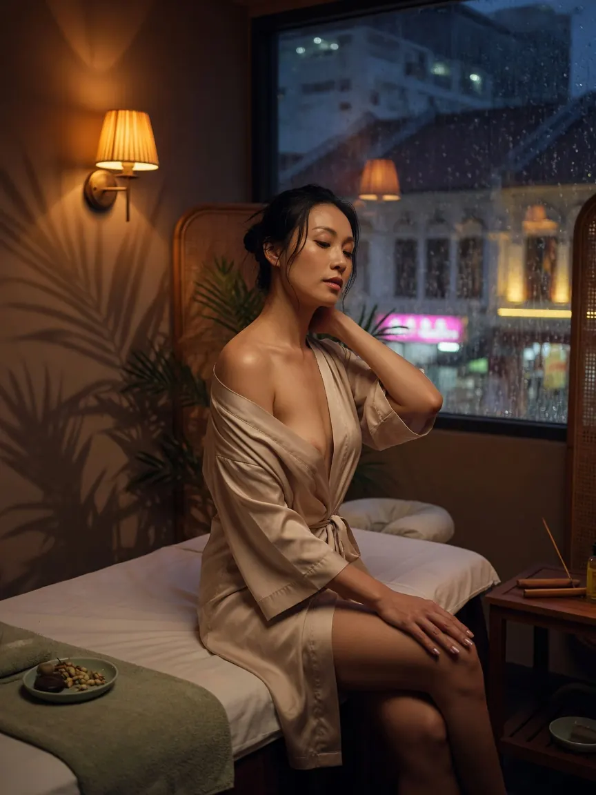 Silk robe and low lamplight in a studio offering erotic massage Singapore