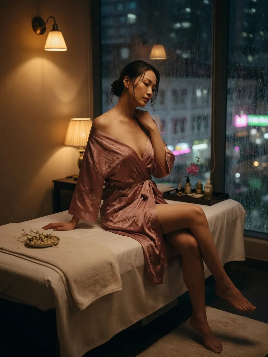 Silk robe and low lamplight in a studio offering full body massage Singapore