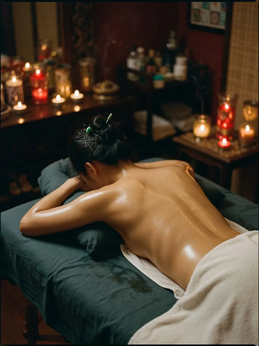 Oiled shoulders on a massage table during Geylang massage