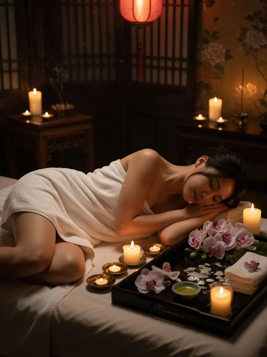 Geylang massage: a therapist's room lit by candles, towels folded on a lacquer tray