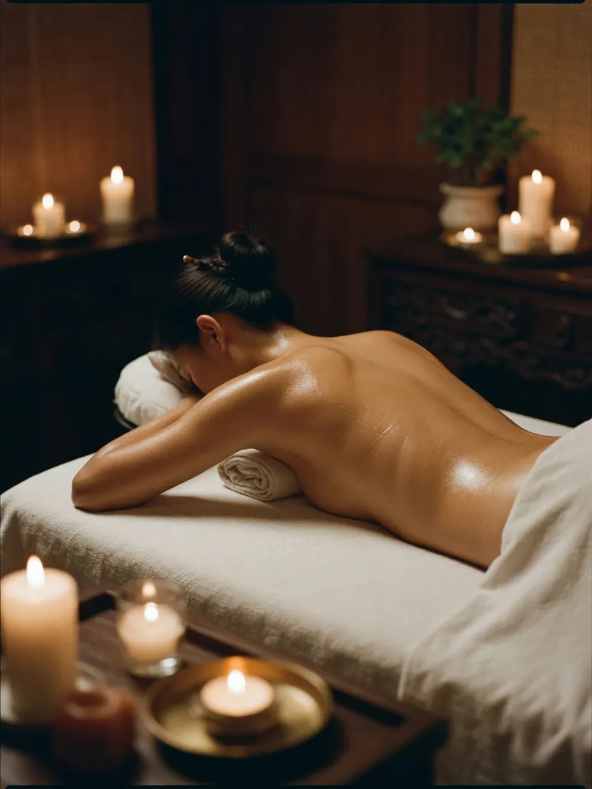Oiled shoulders on a massage table during happy ending massage Singapore