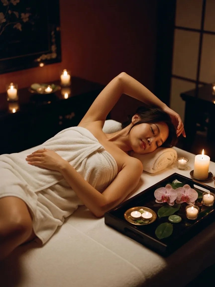 happy ending massage Singapore: a therapist's room lit by candles, towels folded on a lacquer tray