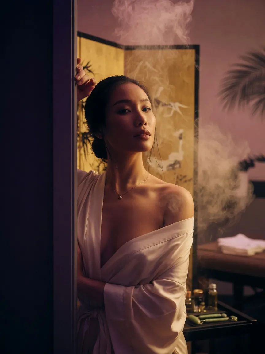 Steam, shadow and a gold screen in a room used for nuru massage Singapore