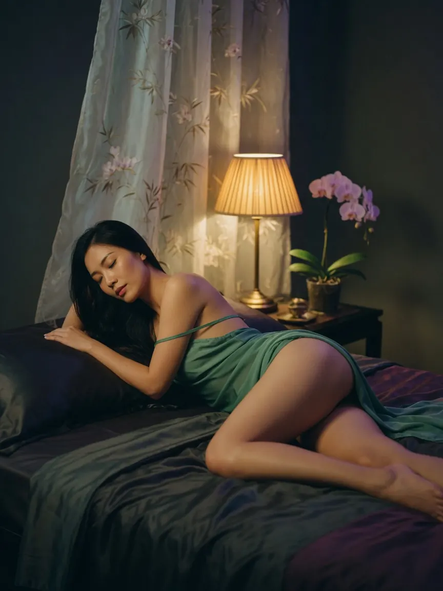 Jade and orchid tones in a private room for nuru massage Singapore