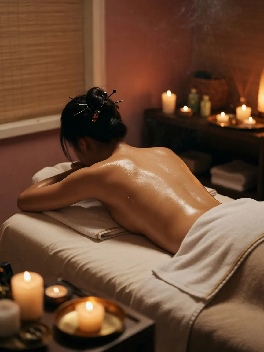 Oiled shoulders on a massage table during outcall massage Singapore