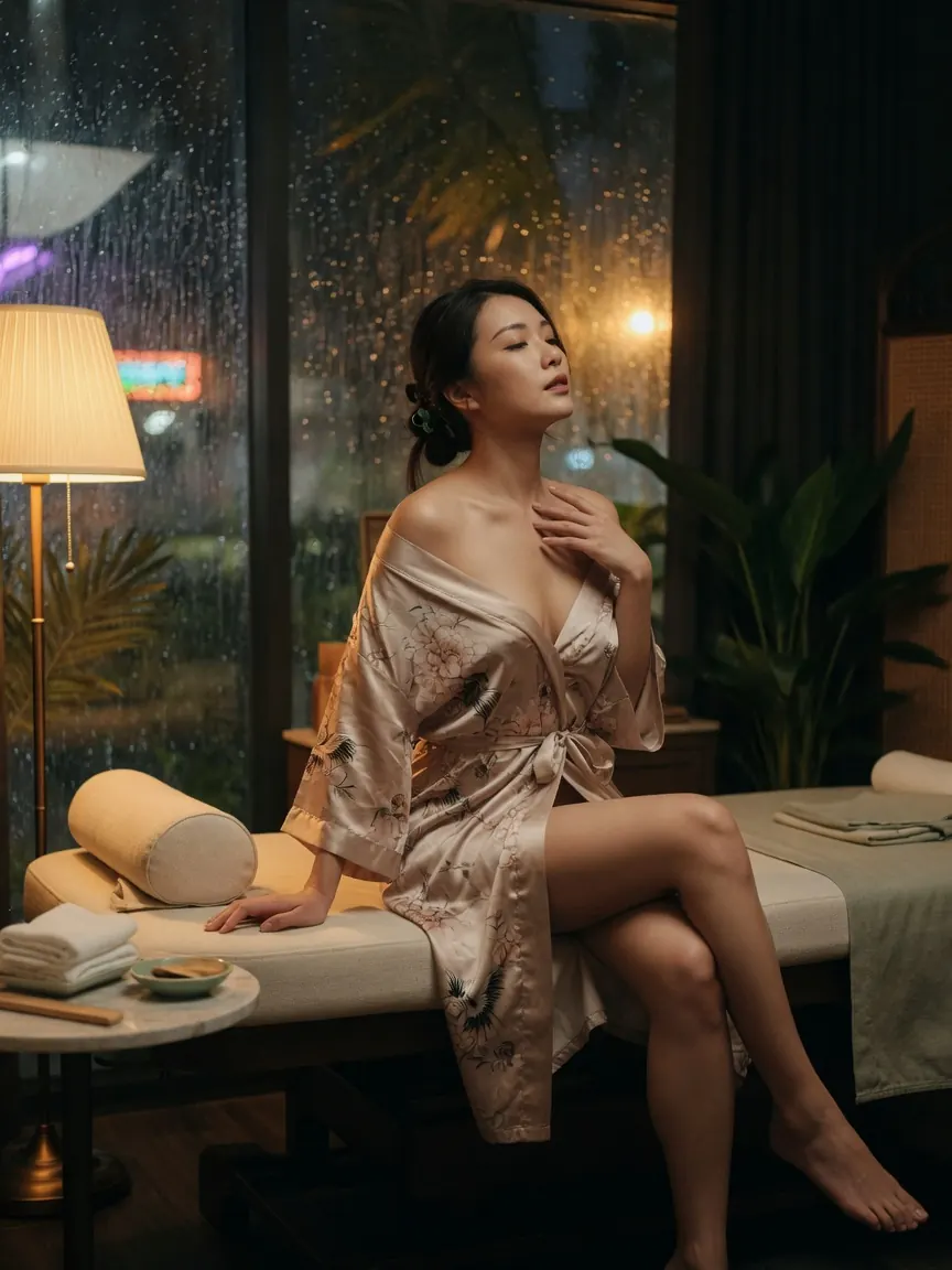 Silk robe and low lamplight in a studio offering tantric massage Singapore