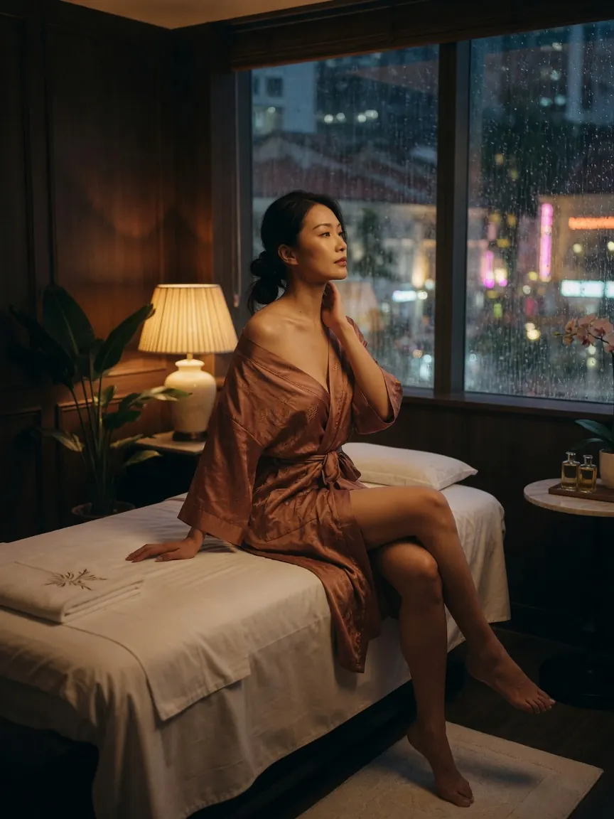 Silk robe and low lamplight in a studio offering what to expect erotic massage Singapore